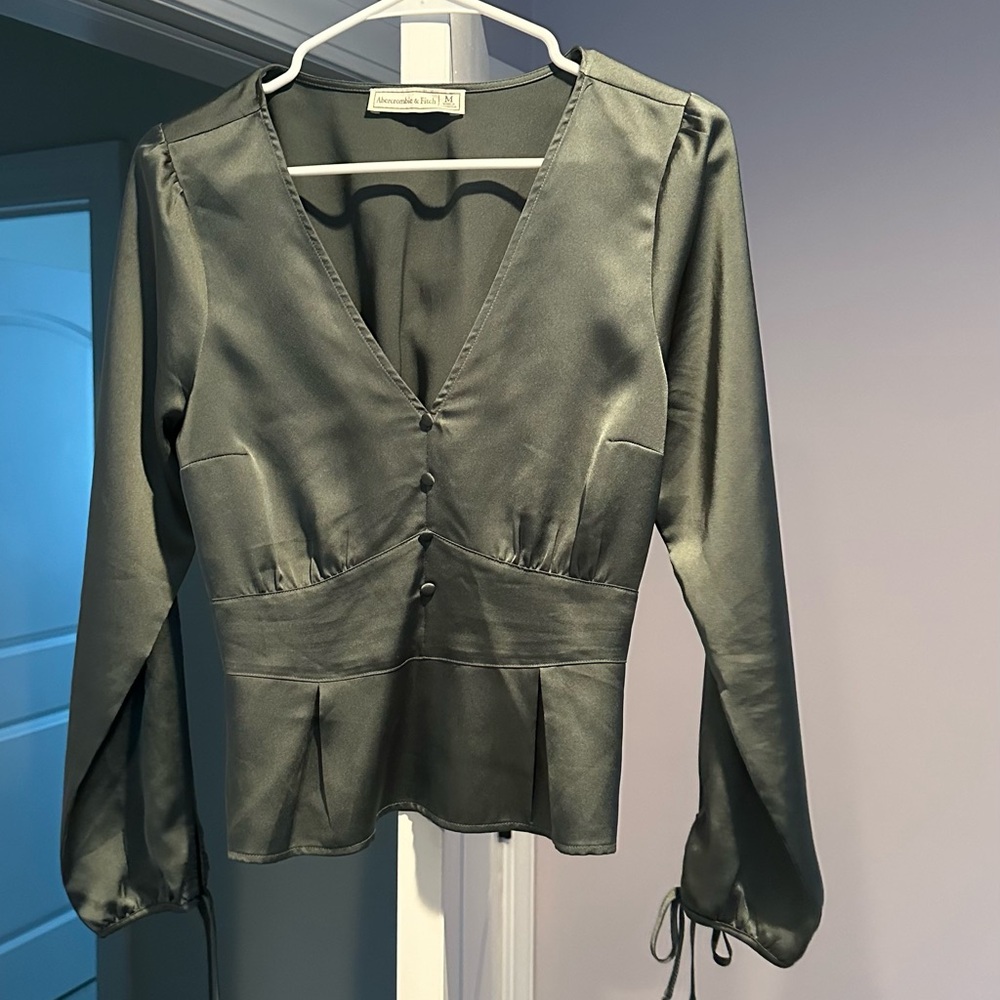 Satin V-Neck Blouse with Button Detail - Abercrombie